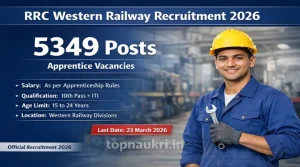 RRC Western Railway Recruitment 2026 notification banner announcing 5349 Apprentice posts with eligibility details and last date 23 March 2026.