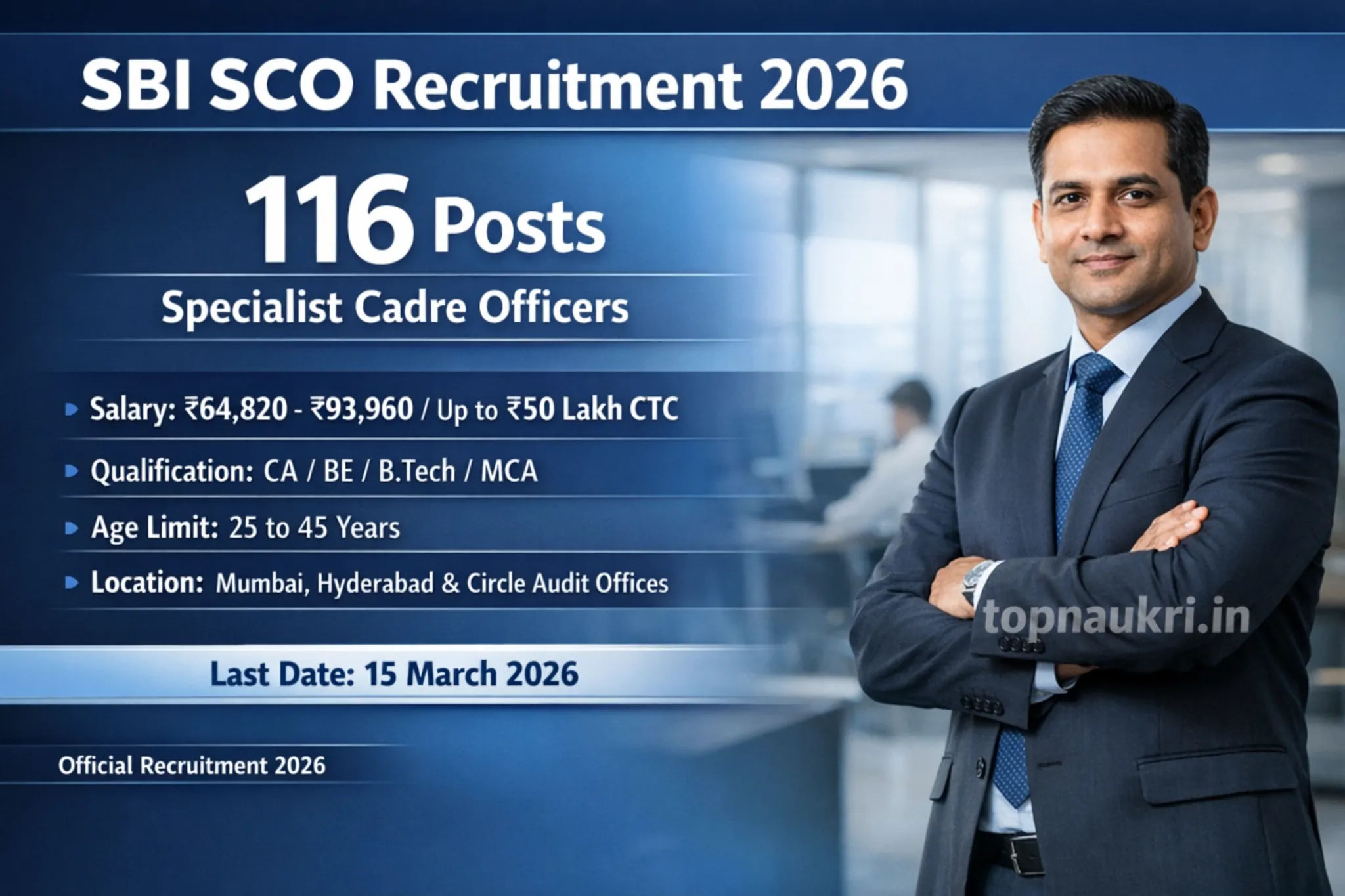 SBI SCO Recruitment 2026 notification for 116 Specialist Cadre Officer posts with salary up to ₹50 lakh CTC and last date 15 March 2026