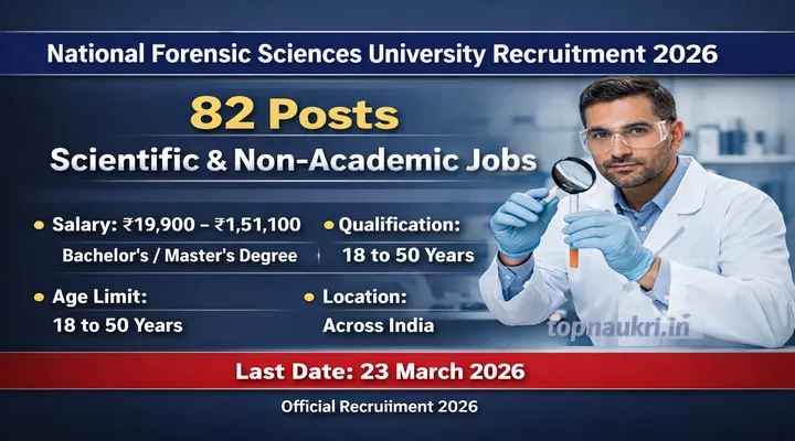 National Forensic Sciences University NFSU Recruitment 2026 banner showing 82 scientific and non-academic job vacancies with salary details and last date 23 March 2026.