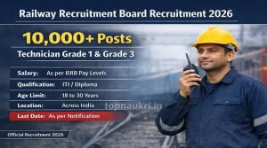 RRB Technician Official Mock Test 2026 Railway Recruitment Board Technician Grade 1 and Grade 3 Recruitment 2026 banner showing 10000 posts with salary, qualification and job location details.