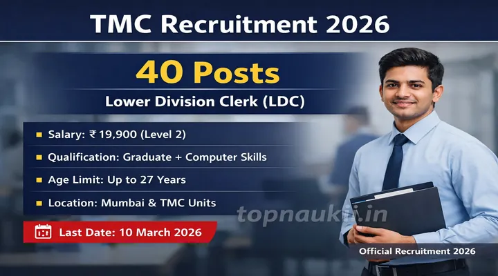 TMC Recruitment 2026 for LDC notification banner showing 40 Lower Division Clerk and other posts with salary ₹19,900 and last date 10 March 2026 in Mumbai.