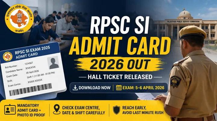 RPSC SI Admit Card 2026 Out featured image showing Rajasthan Police SI hall ticket and exam details